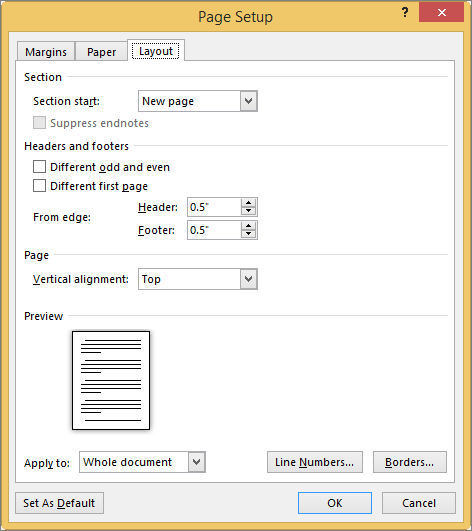 Guia Layout na caixa de diálogo Configuração de Página
