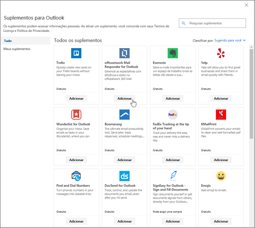 Uma captura de tela mostra os Suplementos para página do Outlook.