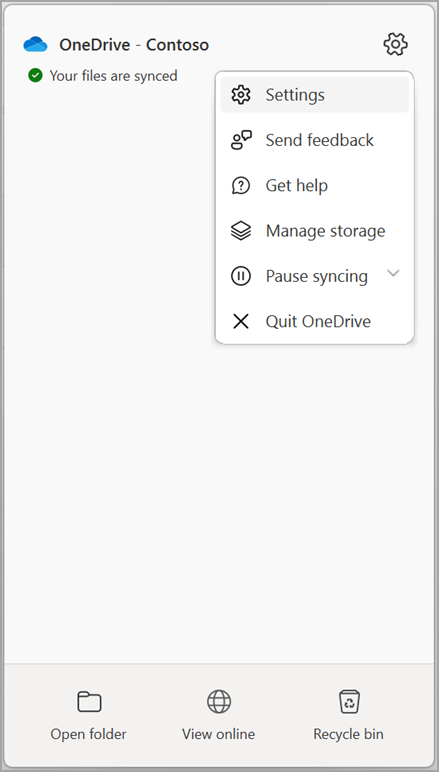 Configurações do OneDrive param sincronização