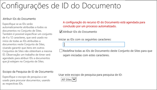 Atribuir IDs do documento na página Configurações de ID do Documento