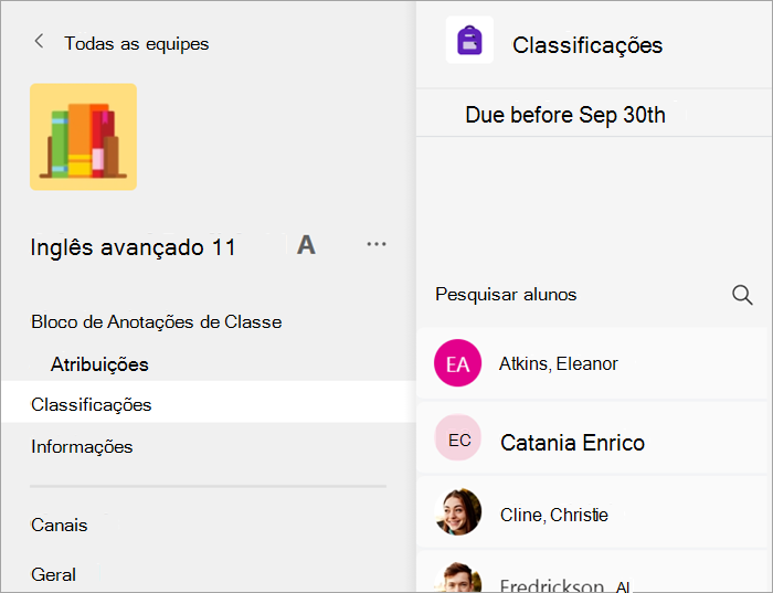 O aplicativo Notas foi aberto em uma equipe de classe.