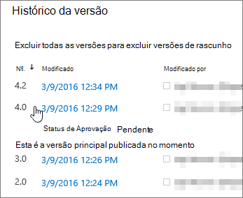 Histórico de versão com uma versão menor excluída