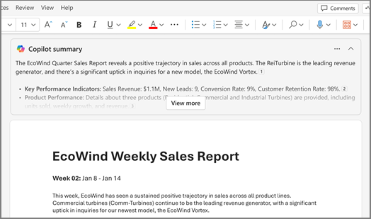 Mostra um resumo recolhido do Copilot na parte superior de um documento do Word. Um botão "Ver mais" permite que o resumo seja expandido.