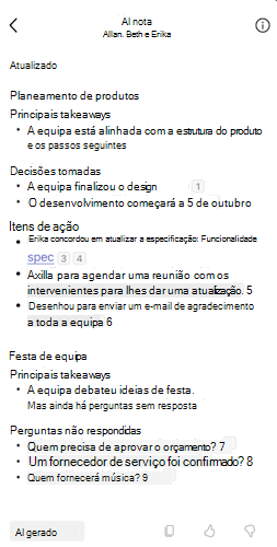 Exibindo as anotações geradas por IA em um chat do Microsoft Teams em um dispositivo móvel.