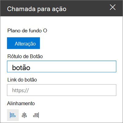A caixa de ferramentas para a chamada para a Web Part de ação dos sites do SharePoint, mostrando como personalizar o link, o botão e o alinhamento da Web Part
