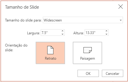 Na caixa de diálogo Tamanho do Slide, você pode escolher entre uma taxa de proporção padrão ou widescreen e entre uma orientação horizontal ou vertical.