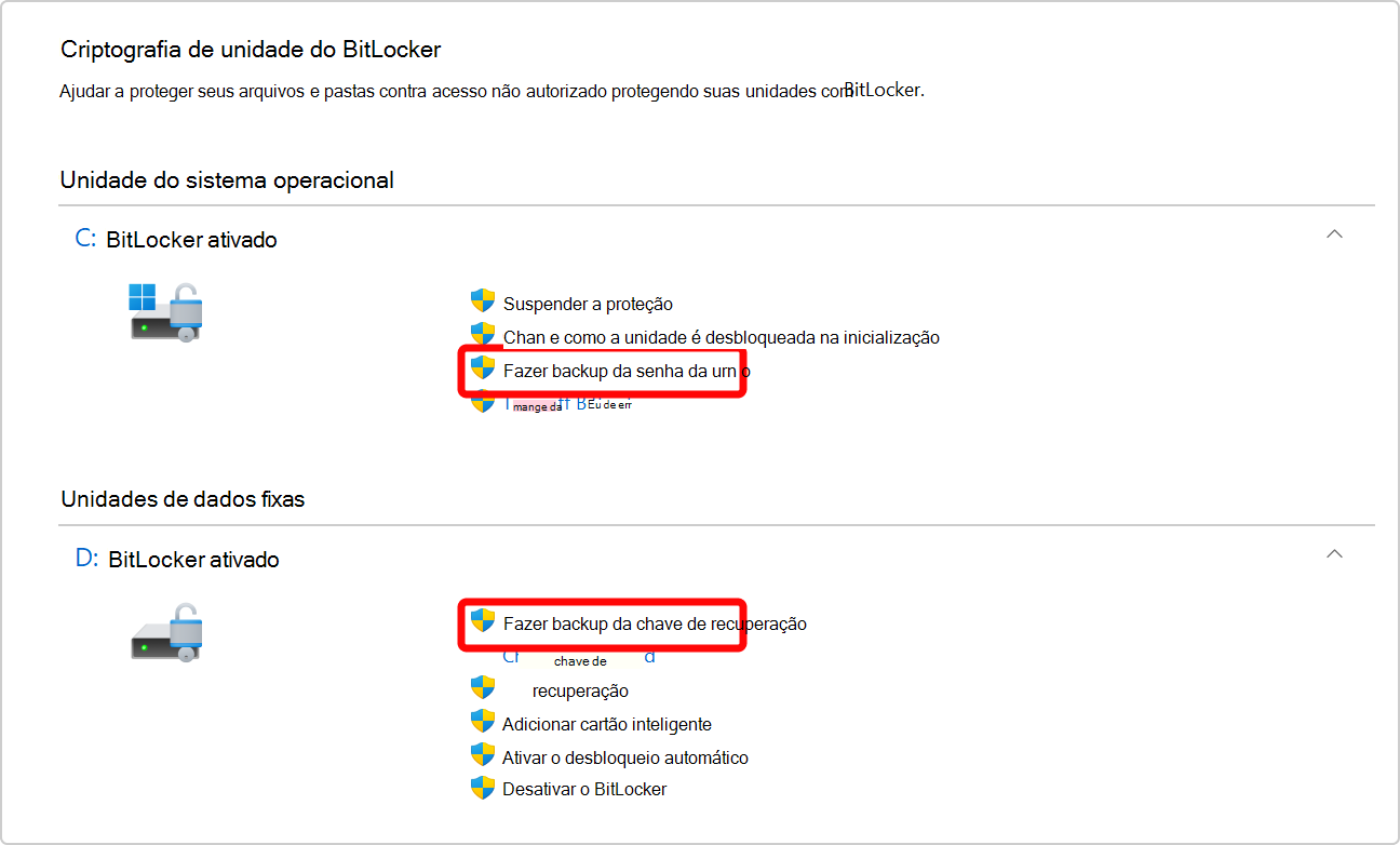 Captura de ecrã do Painel de Controlo a mostrar a opção para fazer uma cópia de segurança da chave de recuperação BitLocker para a unidade do SO e uma unidade de dados.