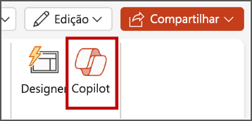 Captura de tela do botão Copilot no PowerPoint no menu da faixa de opções
