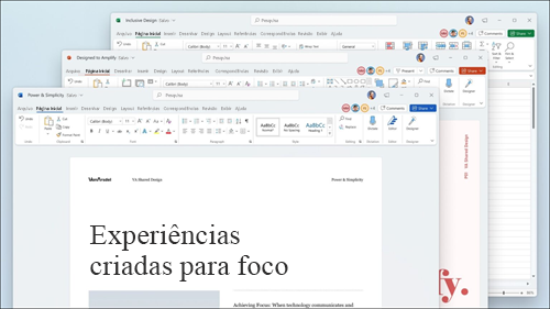 Word, Excel e PowerPoint exibidos com atualizações visuais na faixa de opções e cantos arredondados para corresponder à interface de usuário do Windows 11.
