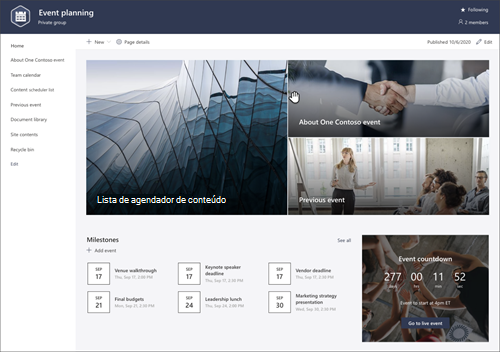 Captura de tela da visualização da página do modelo de site do SharePoint de planejamento de eventos