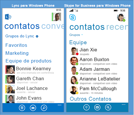 Comparação lado a lado do Lync e do Skype for Business para Windows Phone