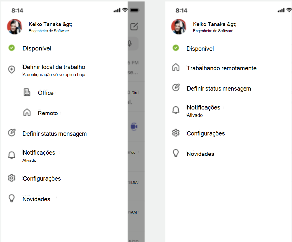 captura de tela do menu móvel com a opção local de trabalho