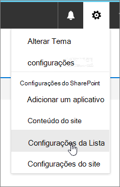 Menu Configurações com as configurações de lista realçadas