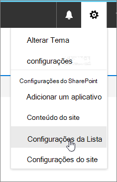 Configurações menu com configurações de lista realçadas