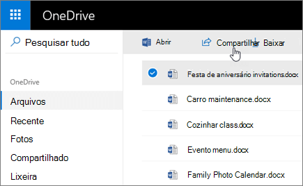 Captura de tela de um arquivo selecionado e do botão Compartilhar no OneDrive.
