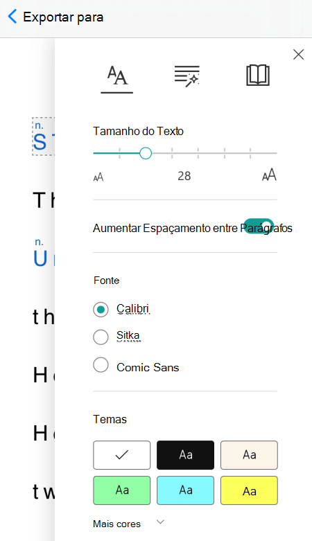 A caixa de diálogo preferências de texto no Leitor Imersivo no Microsoft Lens para iOS.