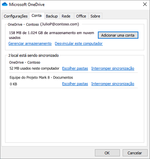 Captura de tela das configurações de conta no cliente de sincronização do OneDrive.