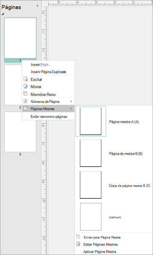 Uma captura de tela mostra a opção de menu de atalho selecionada para Páginas Mestras com opções de página mestras disponíveis.