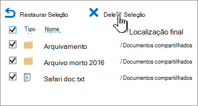 Lixeira do 2º nível do SharePoint 2016 com todos os itens selecionados e excluídos realçados