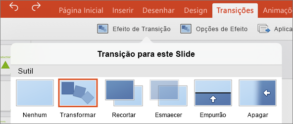 Mostra a transição Transformar no menu Transições no PowerPoint 2016 para iPad