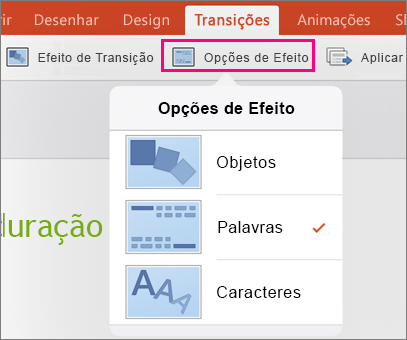 Mostra as Opções de Efeito da transição Transformar no PowerPoint 2016 para iPad