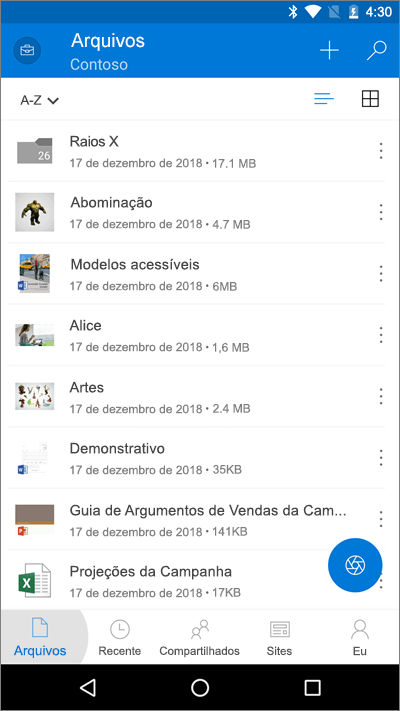 Captura de tela do aplicativo móvel do OneDrive com o botão Arquivos destacado
