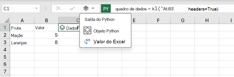 O menu de saída do Python em uma pasta de trabalho do Excel.