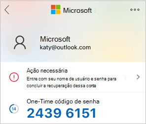Captura de tela que mostra o código de senha único do Microsoft Authenticator.