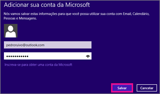 Página Adicionar uma conta da Microsoft no Email do Windows 8