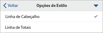 Comando Opções de Estilo expandido, com Linha de Cabeçalho selecionada.