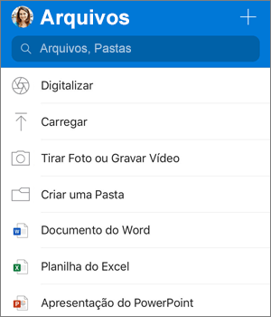 Captura de tela do menu Adicionar no aplicativo OneDrive para iOS