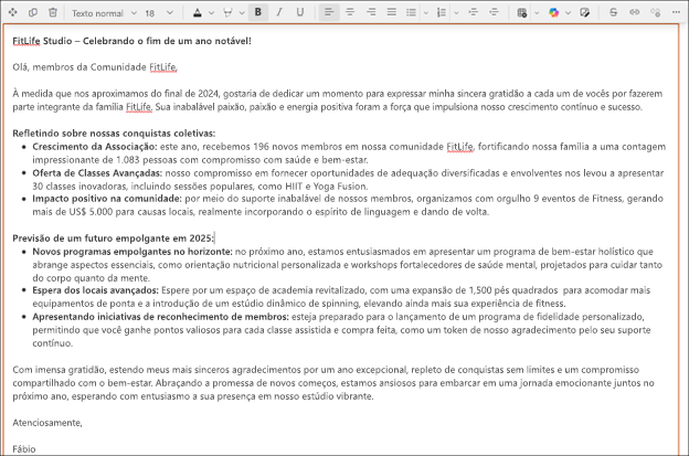 Captura de tela de um texto mais longo sugerido pelo Copilot no editor de rich text do SharePoint