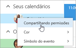 Captura de tela do menu de contexto de Seu Calendário, com a opção de Permissões de compartilhamento selecionada.