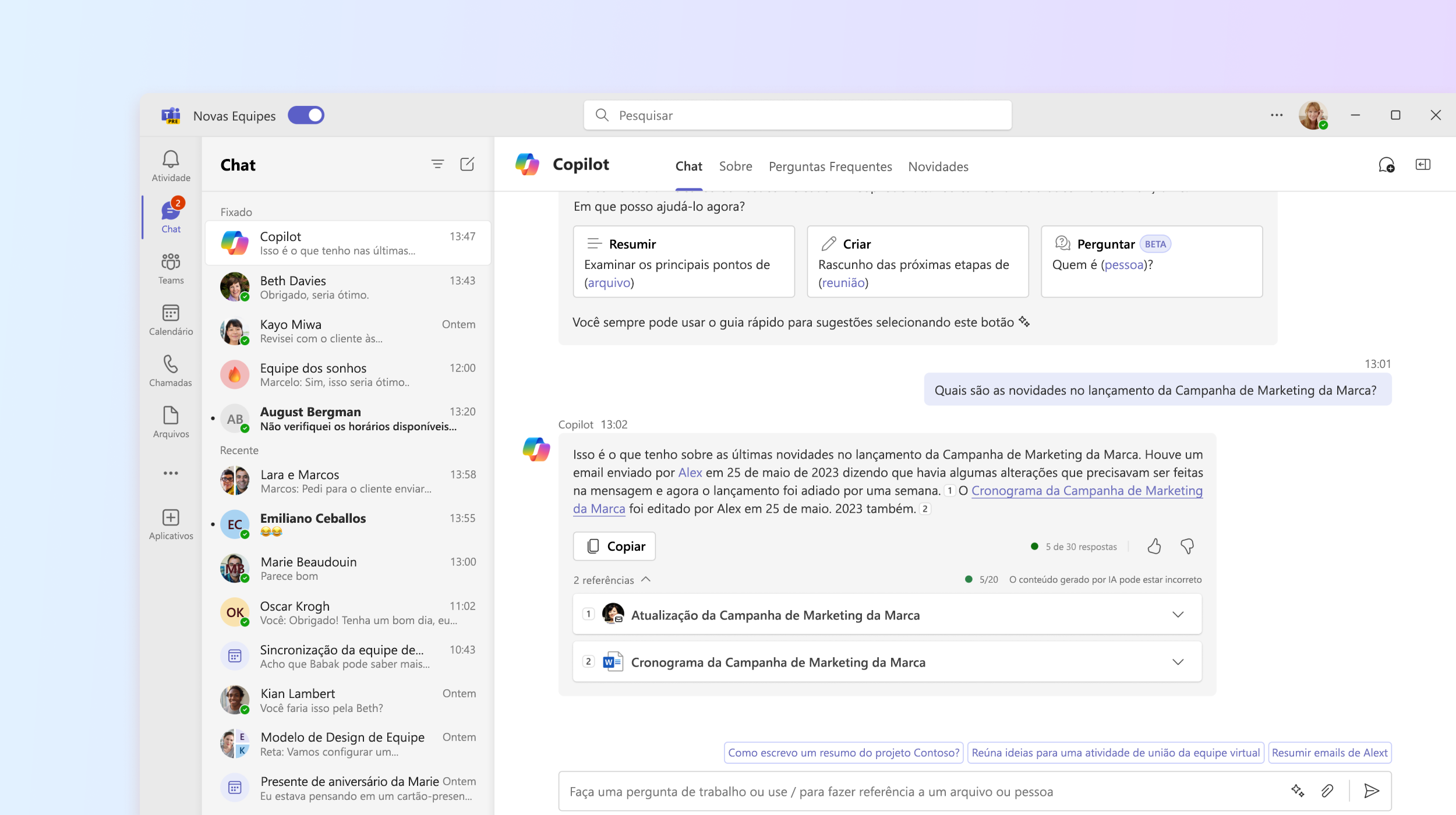A captura de tela mostra o aplicativo Microsoft 365 Copilot no Teams.