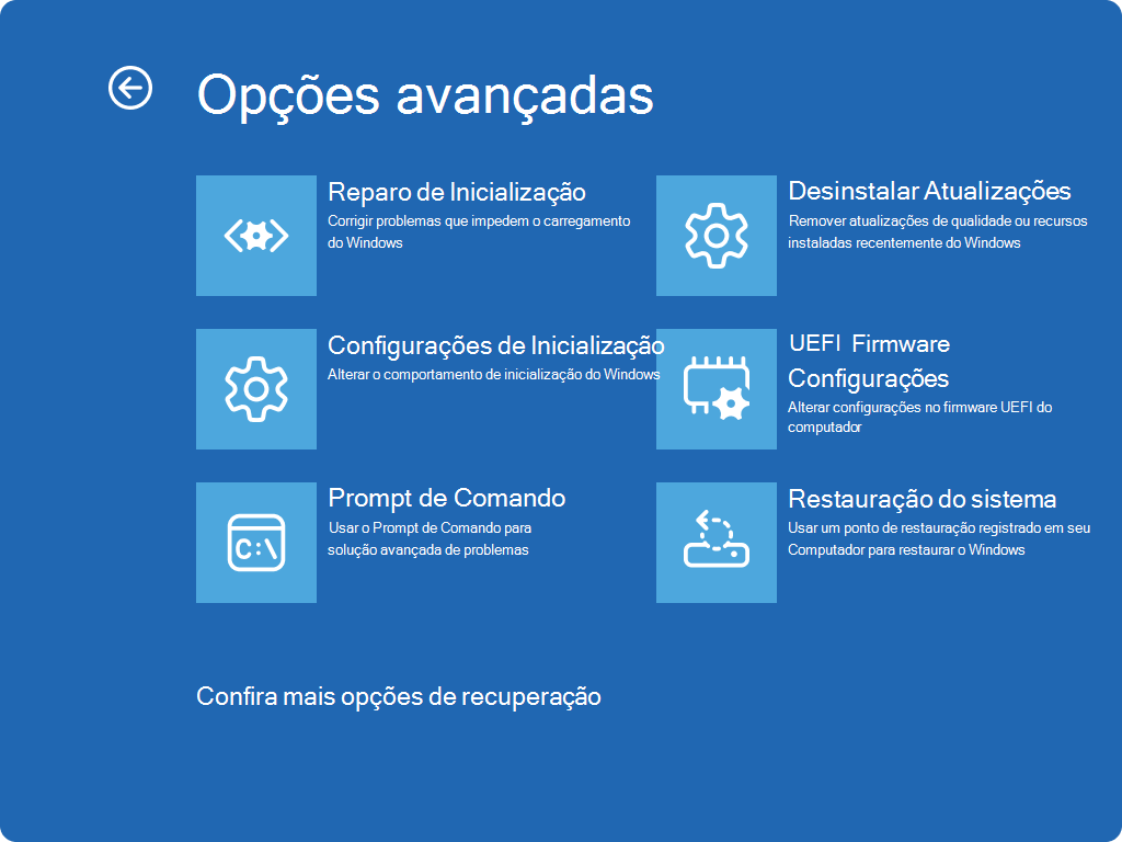 Captura de ecrã do ecrã Windows RE - Opções avançadas.