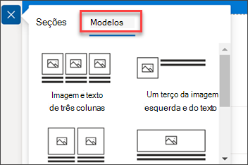 captura de tela do painel adicionar modelo de seção