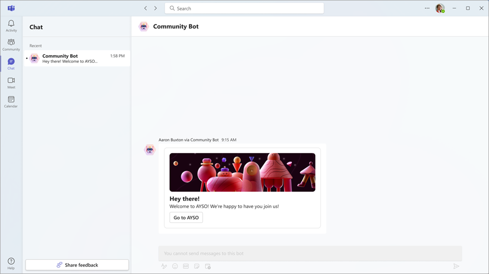 Captura de tela que mostra uma mensagem de um Bot da Comunidade.