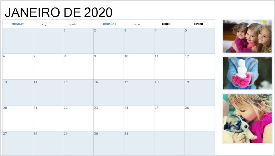 Imagem de um calendário de janeiro de 2020 com fotos