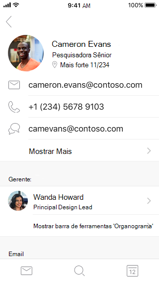 Exemplos de cartão de contato mostrando informações de contato e informações adicionais