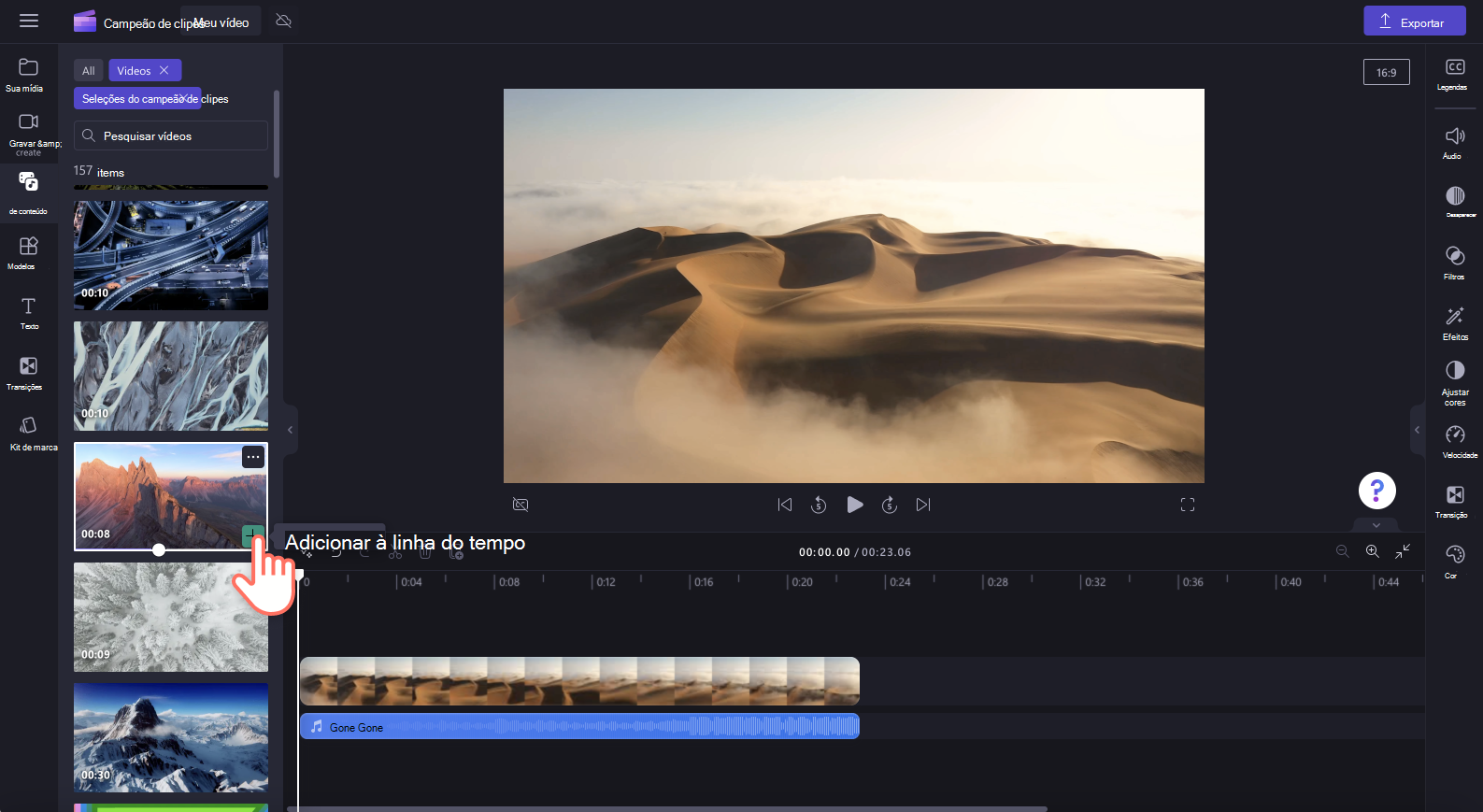 Uma imagem de um usuário clicando no botão de adição verde para adicionar um vídeo à linha do tempo.
