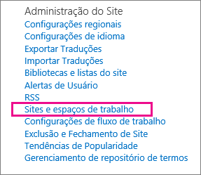 Seção de sites e espaços de trabalho da página Configurações do Site