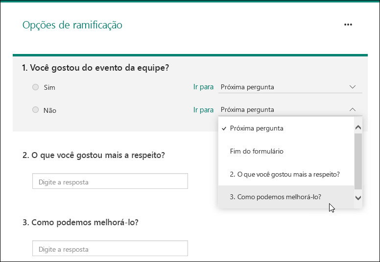 Menu suspenso para opções de ir para