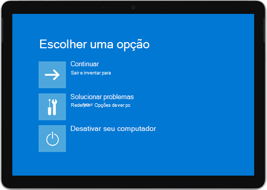 Uma tela azul com opções para continuar, solucionar problemas ou desativar seu computador.
