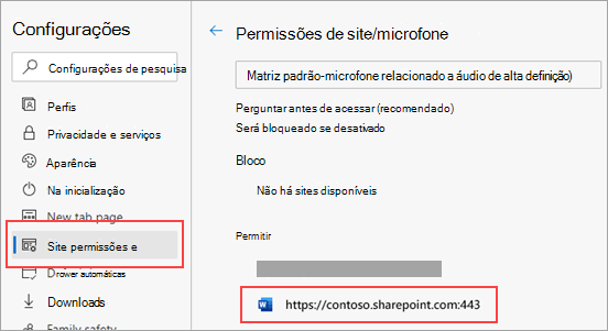Página de configurações de permissões de microfone para Microsoft Edge