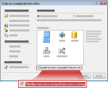 Configuração de compatibilidade na caixa de diálogo Criar um Modelo de Formulário