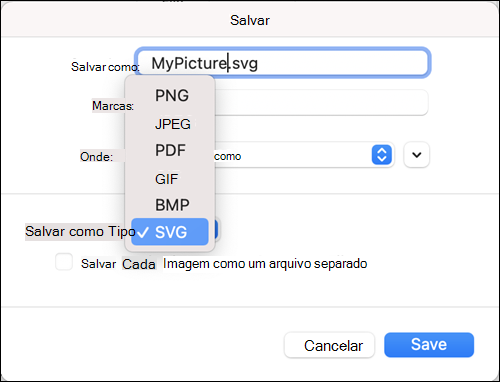 Salvar como caixa de diálogo no Outlook 2021 para Mac com a opção SVG selecionada