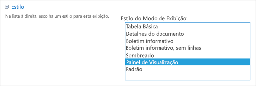 Opções de estilos na página Exibir configurações