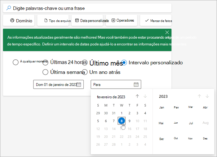 Captura de tela da ferramenta de seleção de data depois de selecionar o intervalo personalizado