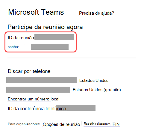 Captura de tela mostrando onde encontrar a ID da reunião e a senha no convite da reunião.