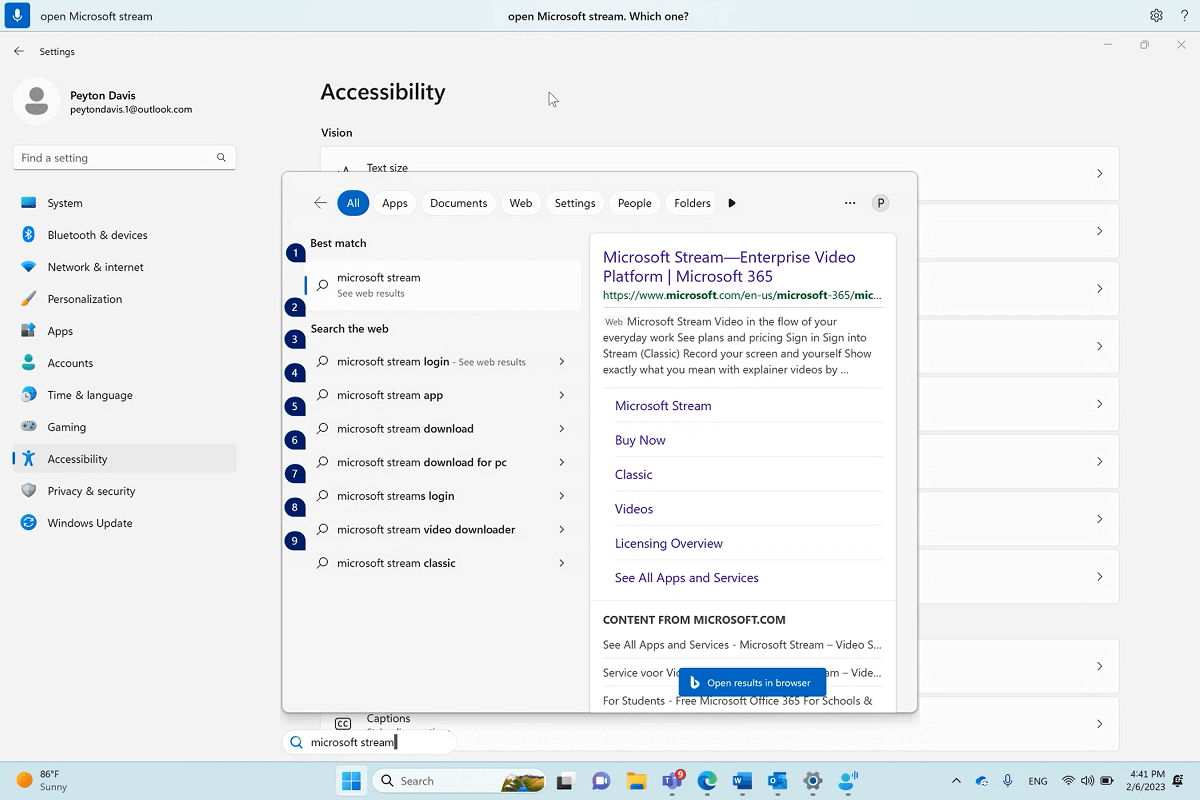 Caixa de diálogo para abrir Microsoft Stream com acesso de voz do Windows.